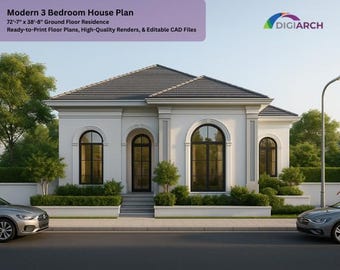 May include: A modern three-bedroom house plan rendering. The white exterior features arched windows with black frames, a gray roof, and manicured landscaping. The text reads "Modern 3 Bedroom House Plan" and the dimensions are 72'7" x 38'8".