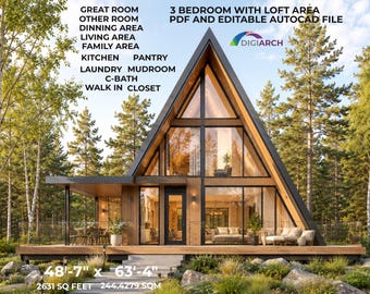 A Frame Cabin House Plan | 3 Bedroom | Modern Timber Retreat with Loft (PDF Download & editable CAD File)