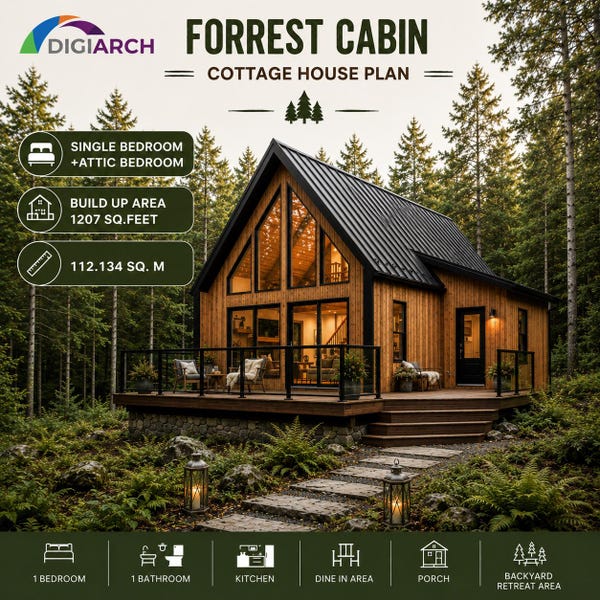 Modern Cabin House Plan | 1 Bedroom Loft Cottage | Forest Retreat Design | PDF Blueprint Package
