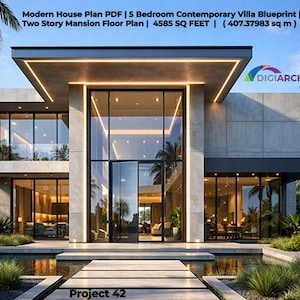 Puede incluir: Un plano de villa moderna de dos pisos con un diseño contemporáneo. La imagen muestra un plano de casa de 5 dormitorios con 426 m² de espacio habitable. La casa cuenta con grandes ventanales y una fuente de agua al frente. El texto dice "Modern House Plan PDF".