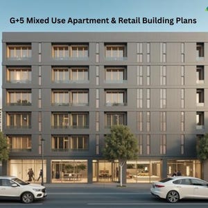 May include: A contemporary mixed-use apartment and retail building with a grey facade. The building has multiple floors with large windows and balconies. Two white cars are parked in front of the building on the street. The text "G+5 Mixed Use Apartment & Retail Building Plans" is at the top.