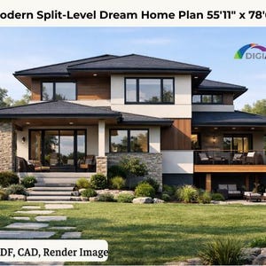 May include: A modern split-level home plan with dimensions of 55'11" x 78'6". The house features a dark roof, light-colored siding, and large windows. The image includes the text "PDF, CAD, Render Image" and the Digiarch logo.