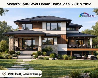 Modern Split-Level Dream Home Plan | Spacious Open Living + Outdoor Deck Design | Instant Download