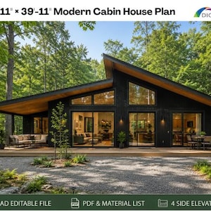 May include: A 14.6m x 12.16m modern cabin house plan featuring a black exterior, a slanted roof, and large glass sliding doors. The design includes a spacious wooden deck, an open-concept interior layout, and a covered porch area.