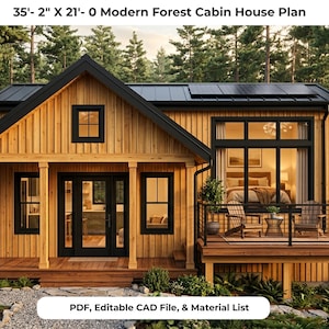 May include: A modern forest cabin house plan measuring 10.72 metres by 6.4 metres. The structure features vertical light wood siding, a black metal roof, and a front porch. The text reads 35'- 2" X 21'- 0 Modern Forest Cabin House Plan.