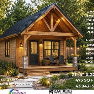 May include: A modern forest cabin cottage house plan featuring a wooden exterior, a black metal roof, and a front porch with two chairs. Text includes: MODERN FOREST CABIN COTTAGE HOUSE PLAN, 21'-4" x 22'-2", 473 SQ FEET, 43.9431 SQM, MATERIAL LIST.