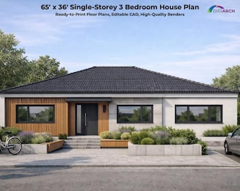 Single-Storey 3 Bedroom House Plan | 65'x36' Modern Floor Plan (PDF, CAD)