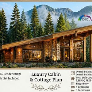 May include: A single-storey cabin plan featuring a slanted roof, wood siding, and stone accents. The design includes 4 bedrooms, 3 bathrooms, and a total built-up area of 315.41 square metres. The document includes PDF, CAD, and render image files.