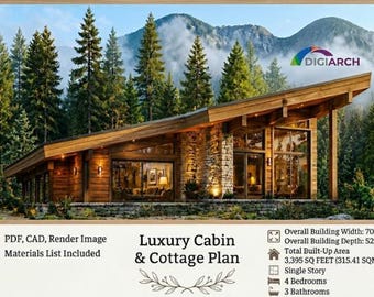 Modern Forest Cottage Cabin House Plan | 4 Bedroom Lodge | PDF & Editable CAD File