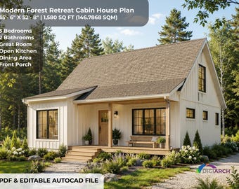 Modern Forest Retreat Cabin House Plan | 3 Bedroom House Plan | PDF & Editable CAD File