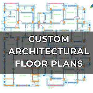 Può includere: Planimetria architettonica dettagliata con layout delle stanze, tra cui camere da letto, cucina e zone giorno. L'immagine presenta il testo "CUSTOM ARCHITECTURAL FLOOR PLANS" in lettere bianche su sfondo grigio, con il logo DigiArch.