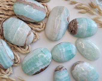 Caribbean Calcite Palm Stone | Polished Blue Ocean Crystal | Calming Gift for Her | Meditation & Stress Relief Stone