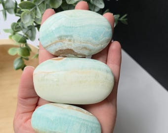 Caribbean Calcite Palm Stone | Polished Blue Ocean Crystal | Calming Gift for Her | Meditation & Stress Relief Stone