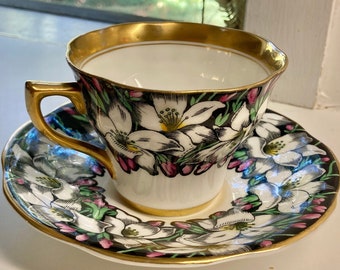 Rosina STUNNING Teacup Black Flowers Tea Set Vintage Home Collectible China