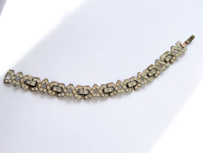 Vintage Art Deco Rhinestone Tennis Bracelet Greek Key Edge 6.75”