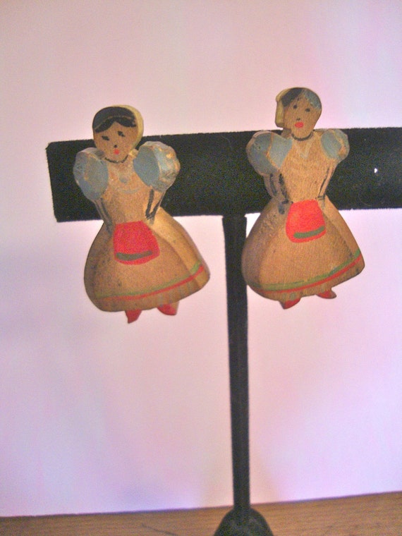 Antique Hand Carved Earrings Wooden Lady in Apron 