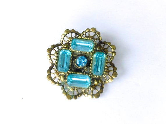 Aqua Rhinestone Lozenge Brooch Antique Blue Jewel… - image 1