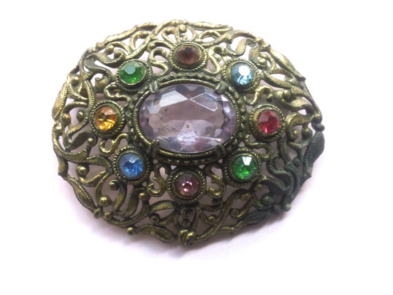 BIJOU FANTAISIE ANCIENNE BROCHE RONDE PIERRES STRASS MULTICOLORES 6 cm EUR 19,00 - FR