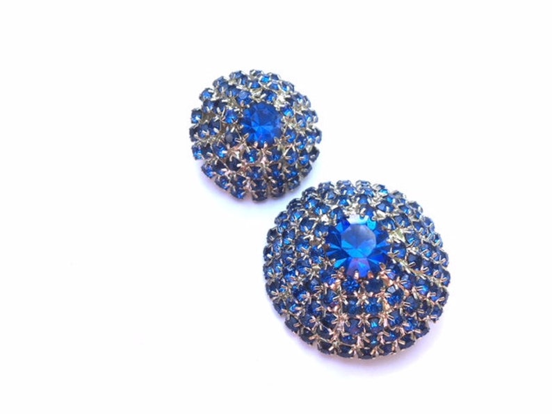 Blue Rhinestone Buttons Set of 2 Domed DIY Sewing Crafting Jewelry Supplies Beading
