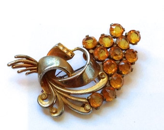 Amber Rhinestone 1940's Brooch Beautiful Vintage Fashion Antique Jewelry