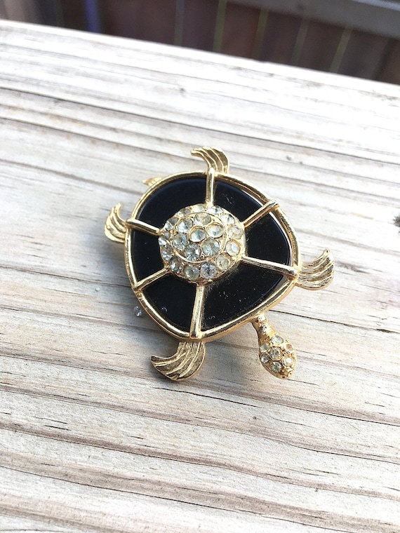 Rare Coro Rhinestone Turtle Brooch Black Enamel V… - image 1