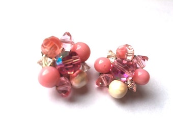 Pink Rhinestone Beaded Cluster Clip On Earrings Dainty Pastel Fashion Jewelry