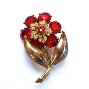 Red Rhinestone Trember Flower Brooch Antique Vermeil Collectible Bouquet 1930&#39;s Figural Fashion Jewelry