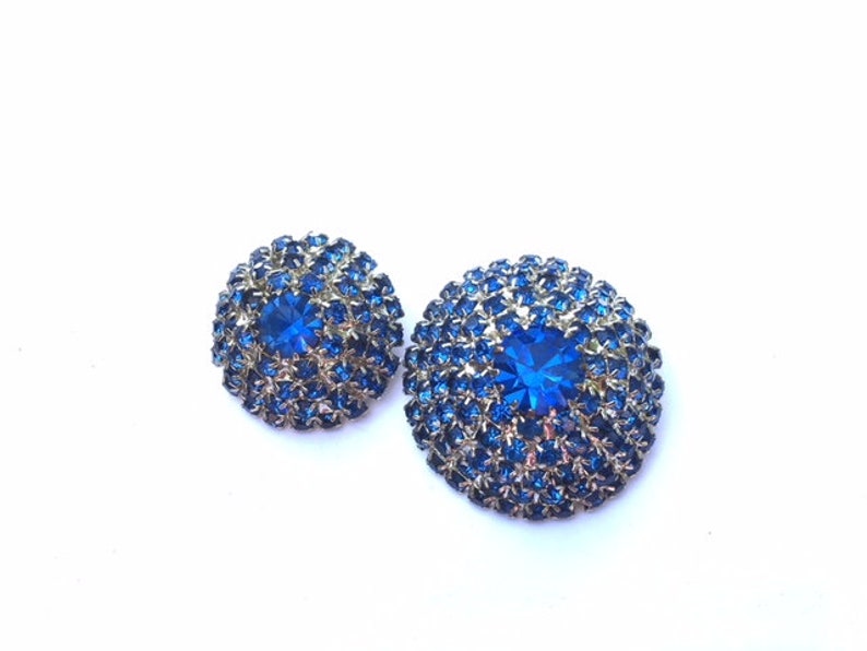 Blue Rhinestone Buttons Set of 2 Domed DIY Sewing Crafting Jewelry Supplies Beading