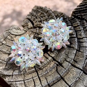 Rhinestone Cluster Earrings Aurora Borealis Clip On Vintage Bride Fashion Jewelry