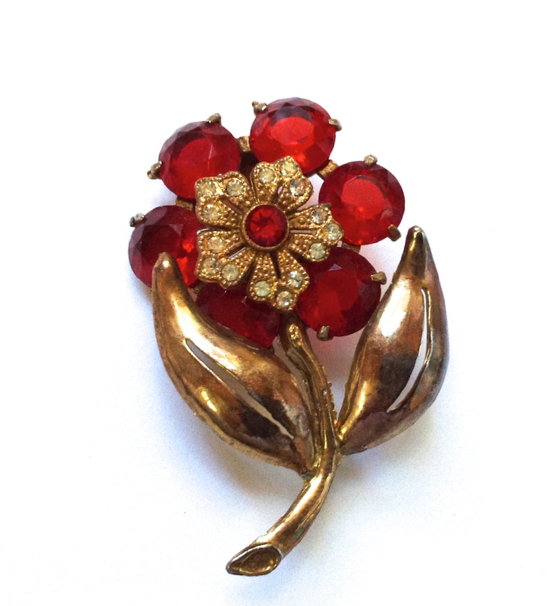 Red Rhinestone Trember Flower Brooch Antique Vermeil Collectible ...