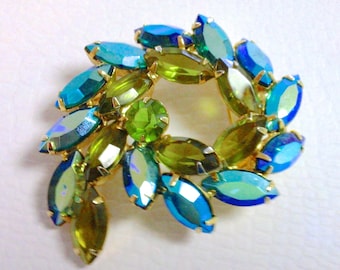 Iridescent Green Blue Rhinestone Brooch Hi End Retro Aurora Borealis Madmen Retro Fashion Jewelry Accessories