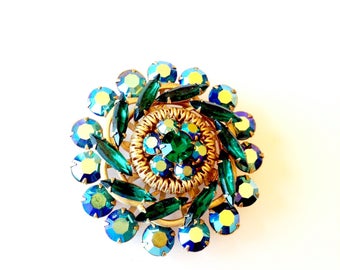 Emerald Green Rhinestone Brooch Sparkling Aurora Borealis Vintage Retro Fashion Jewelry