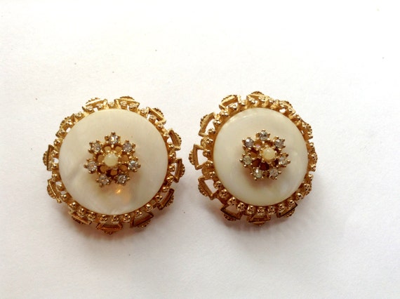 White& Gold Rhinestone Bridal Earrings Vintage We… - image 1