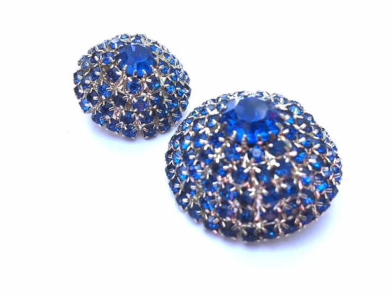 Blue Rhinestone Buttons Set of 2 Domed DIY Sewing Crafting Jewelry Supplies Beading