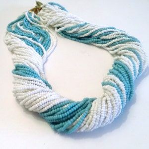 Aqua & White Beaded Torsade Necklace Vintage Multi Strand Choker Fashion Jewelry