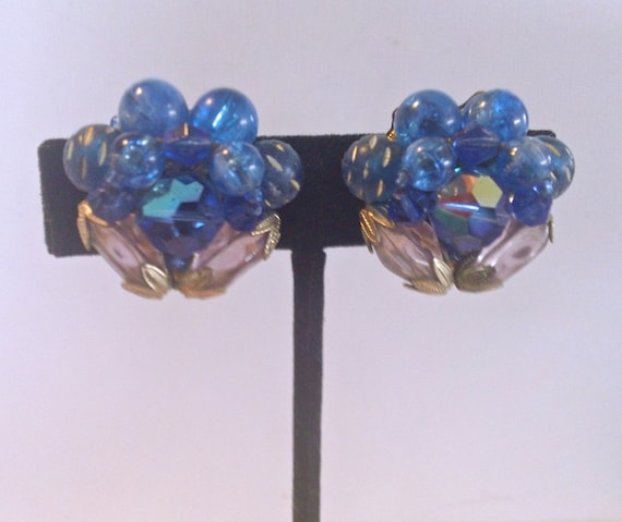 Vintage Blue Beaded Earrings Blue Purple Retro Fa… - image 1