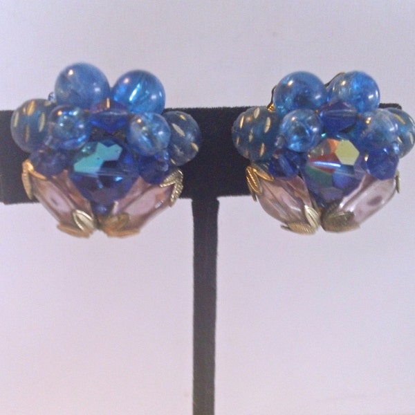 Vintage Blue Beaded Earrings Blue Purple Retro Fashion Party Jewelry