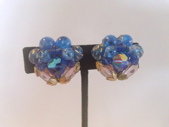 Vintage Blue Beaded Earrings Blue Purple Retro Fa… - image 3