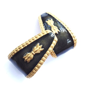 Guy Laroche Enamel Earrings Fleur de Lis Haute Couture  Designer Gold Leaf Clip On Statement Earrings