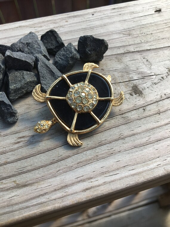 Rare Coro Rhinestone Turtle Brooch Black Enamel V… - image 2