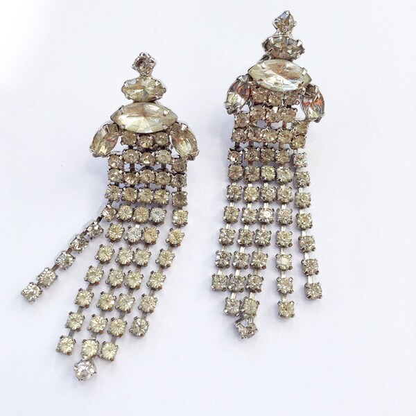 Art Deco Rhinestone Dangle Earrings Long & Glamorous Fringe Fashion Vintage Jewelry