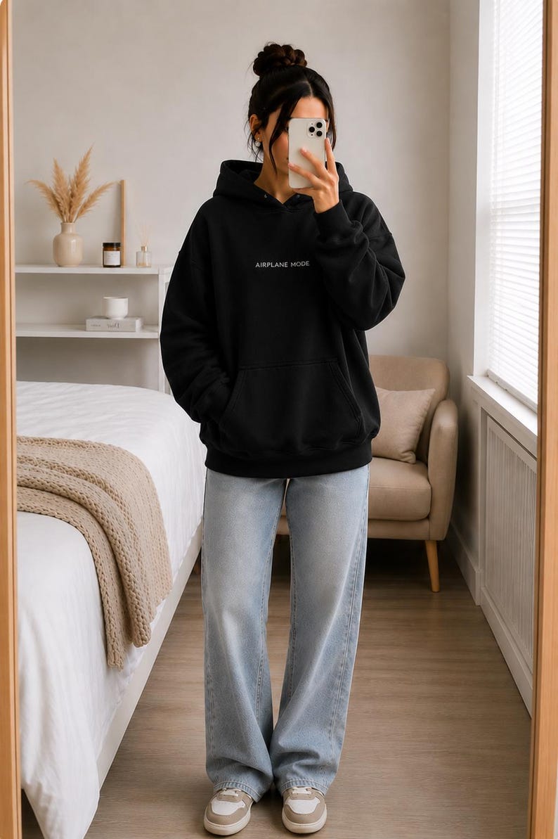 AIRPLANE MODE Hoodie | Black Oversized Minimalist Sweatshirt | Introvert Apparel image 1