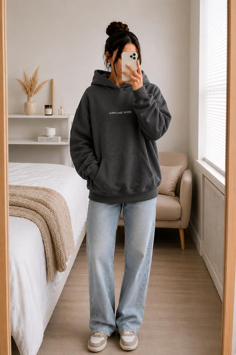 AIRPLANE MODE Hoodie | Black Oversized Minimalist Sweatshirt | Introvert Apparel image 2