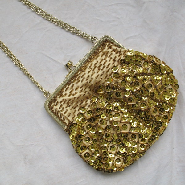 CLEARANCE Gold sequin and beaded purse / hand made evening purse / Vintage evening bag