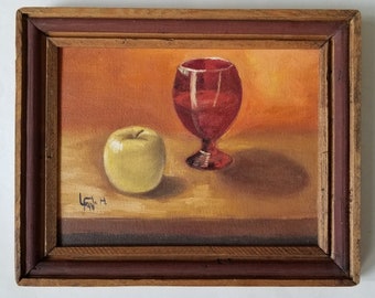 Rustic apple with wine still life oil painting by Michelle G. Mata H. / Estudio al Natural / 1990s Mexico art