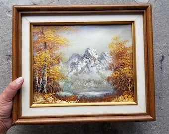 Vintage autumn mountain landscape painting / golden autumn landscape