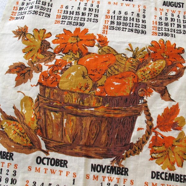 Linen 1966 calendar tea towel harvest bushel / new unused / harvest basket tea towel / covered bridge linen tea towel / 1966 calendar
