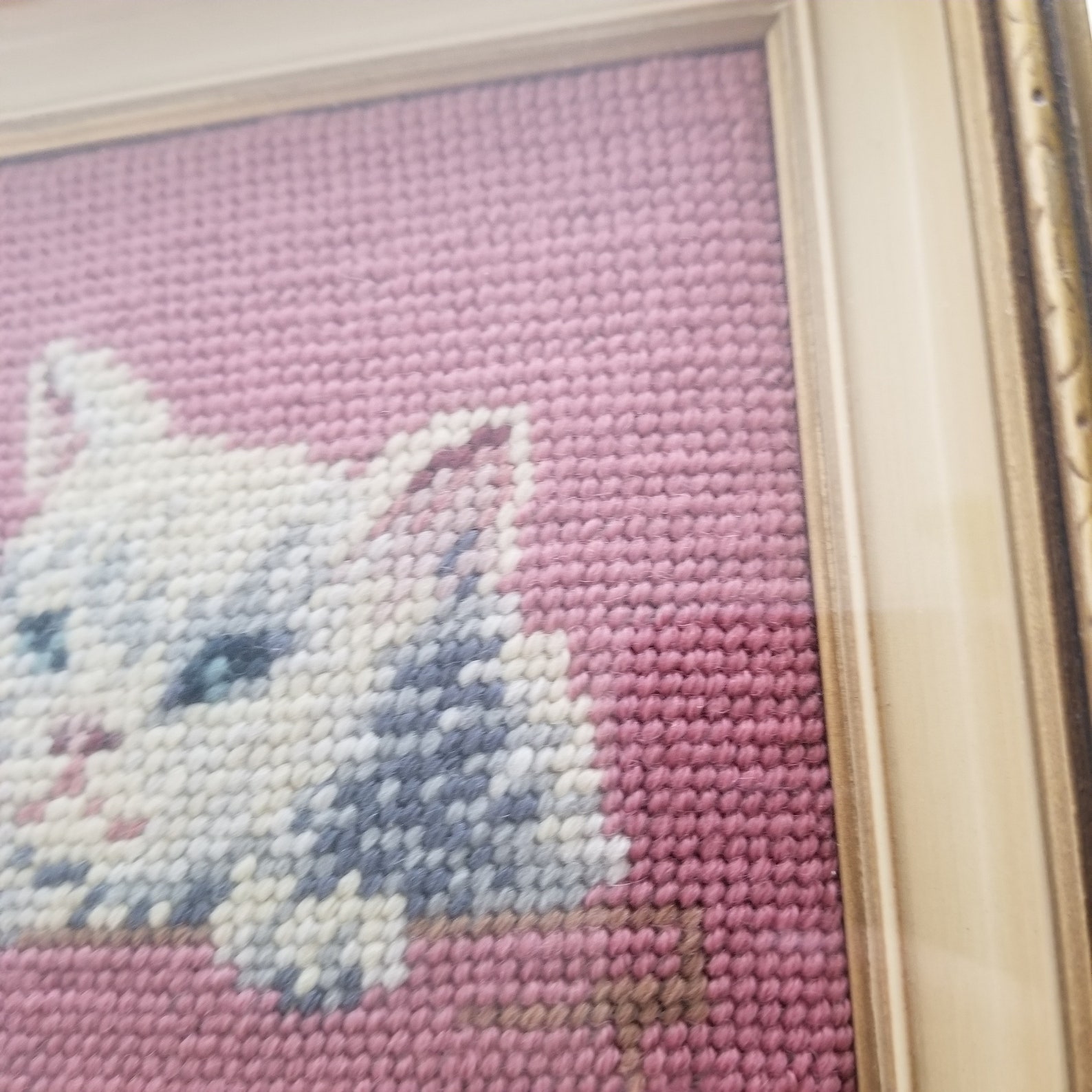 Framed Needlepoint Cat Picture 8 1/2 by 8 1/2 Inches / Etsy