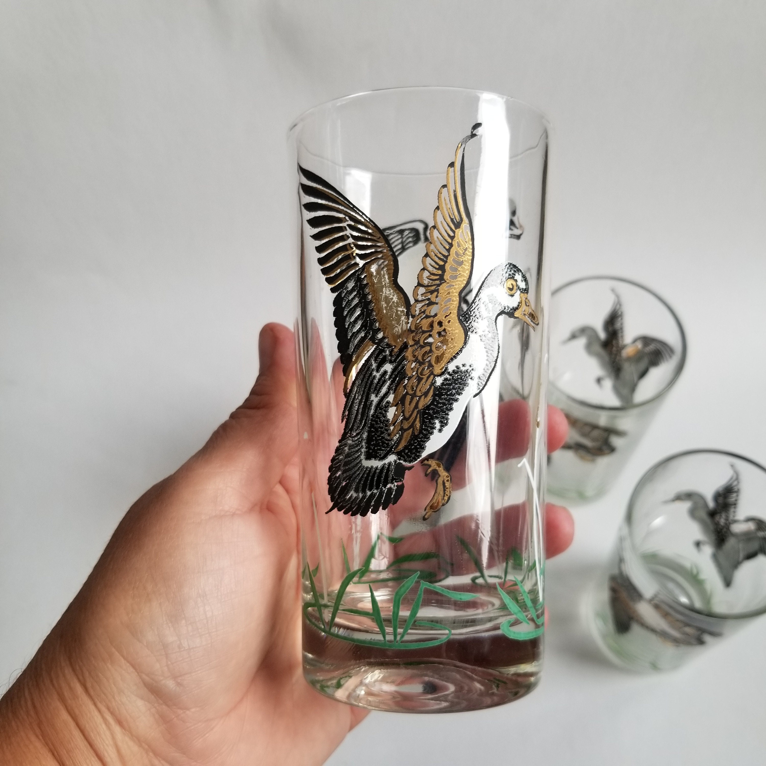 Set of 4 Flying Duck Glasses / Gold detailed duck glasses / Etsy