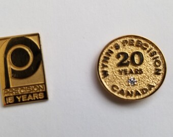 Pair of Wynn's-Precision Canada sterling service pins / Precision Rubber Products service pins / 15 year pin / 20 year pin